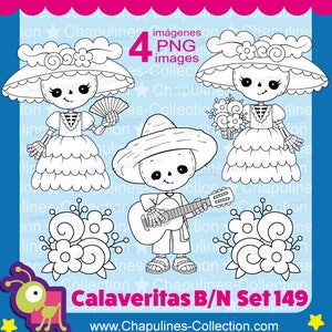 Tag der Toten Clipart schwarz und weiß, Skelett, Calaveritas, Catrina, Dapper Skelett, Musiker, Gitarre, Día de Muertos, Linie Kunst Set 149