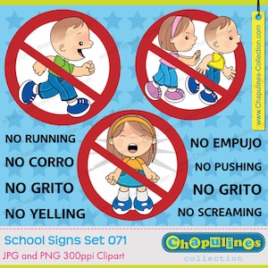 School Signs Clipart, No Running, No Yelling, No Screaming, No Pushing, Graphics JPG and PNG Illustrations, School Graphics Set 071