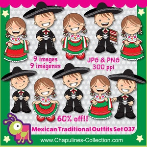 Mexican Outfits Clipart China Poblana and Charro, Mexico clipart kids, kindergarten images, kids illustrations, fiesta, set 037