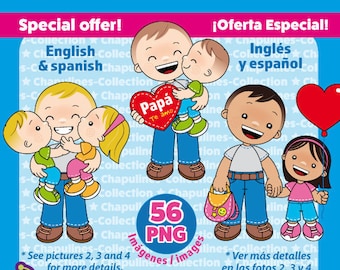 Dad Clipart, Father's day, Papá, Día del Padre, PNG illustrations, son and daughter, Set 167