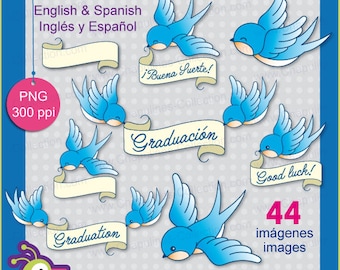 Swallow Clipart, graduation clipart, good luck illustrations, english and spanish Set 135