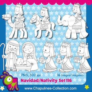 Presepe Clipart in bianco e nero, Natale, Joseph, Maria, Gesù bambino, Re Magi, dromedario, cavallo, elefante, tre re impostare 116