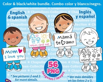 Kids and Mother's day Clipart Bundle, Color and Black and White, Mamá, Día de las Madres, PNG illustrations, Set 164