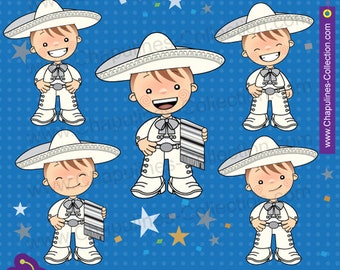 Clipart de niños con traje de charro blanco con plata, traje típico Set 124-B