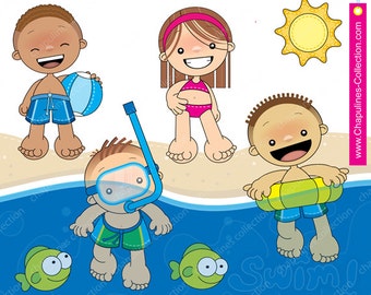 ビーチのクリップアート 子供 - 魚 - 太陽 - 男の子 - 女の子 - 水泳のイラスト、休日のクリップアート、春休み、休暇のクリップアート セット 018