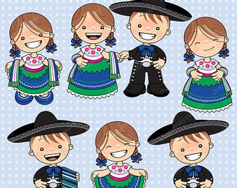 Mexican Outfits Clipart China Poblana and Charro Kids illustrations, cinco de mayo clipart, fiesta mexicana illustrations 069