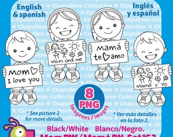 Kids and Mother's day Clipart in black and white, Mamá, Día de las Madres, Mom I love you, Mom and me, PNG illustrations, Set 163