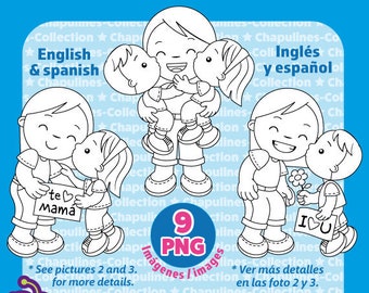 Clipart Mamá en blanco y negro, Día de las Madres, besos, niños, hijo e hija, imágenes PNG, Set 161