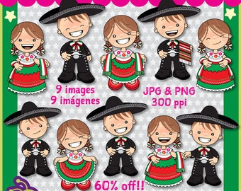 Mexican Outfits Clipart China Poblana and Charro, Mexico clipart kids, kindergarten images, kids illustrations, fiesta, set 037