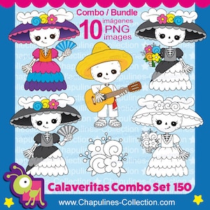 Tag der Toten Clipart Bundle, Farbe und Schwarzweiß, Skelett, Calaveritas, Catrina, Dapper Skelett, Gitarre, Día de Muertos, Set 150