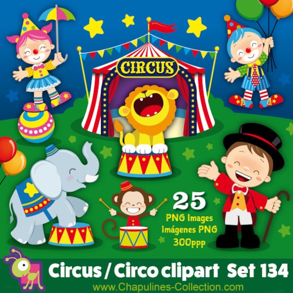 Circus clipart, clown, elephant, monkey, lion, balloons, circus tent, 60% off Set 134