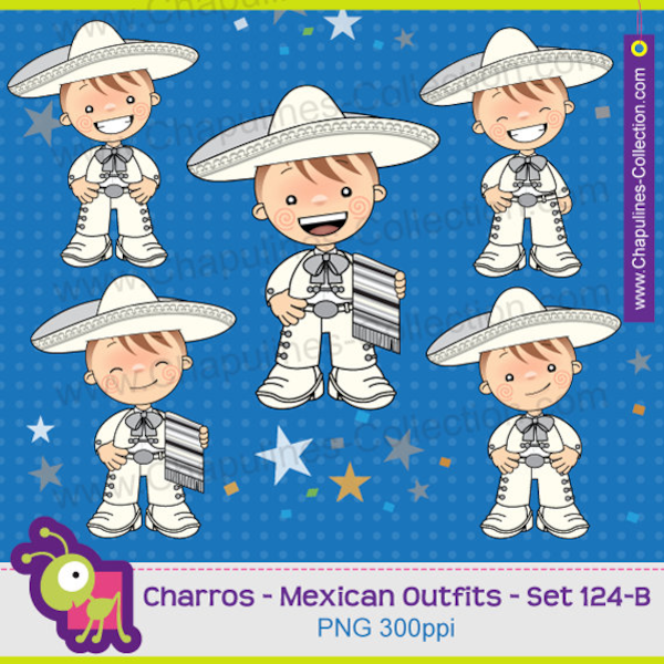 Mexico Clipart, white and silver charro, mexican suit, mexican traditional outfit, Mexico clip art set 124-B