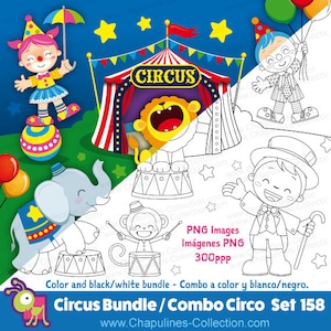 Pacote de clipart de circo, colorido e preto / branco, arte linear, palhaço, elefante, macaco, leão, balões, tenda de circo, 60% de desconto no conjunto 158