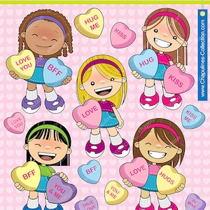 Candy Hearts Mädchen Clipart, Candy Hearts Illustrationen, BFF love and friends Clipart Bilder Set 015