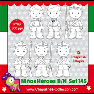 Jongenshelden Illustraties, Zwart-wit, full body, Battle of Chapultepec, Digitale postzegels, kinderen, school graphics set 145