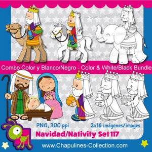 Presepe Clipart Bundle colore e bianco/nero, Natale, Joseph, Maria, Gesù bambino, Re Magi, dromedario, cavallo, elefante impostare 117
