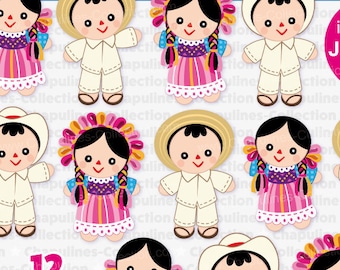 Mexican Maria rag dolls clipart, Pink and blue Set 198