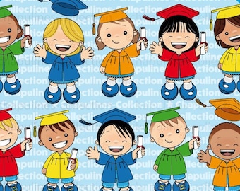 Graduation Clipart, Kids illustrations, 5 colors, gown and cap, school clipart, kindergarten illustrations Set 184