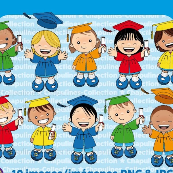 Graduation Clipart, Kids illustrations, 5 colors, gown and cap, school clipart, kindergarten illustrations Set 184