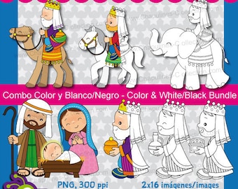 Nativity Clipart Bundle Color and Black/White, Christmas, Joseph, Mary, Baby Jesus, three wise men, dromedary camel, horse, elephant Set 117