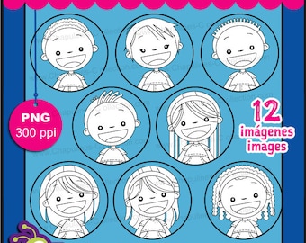 Clipart Boys & Girls Black and White, circles, school Clipart, kids illustrations, boys and girls images Set 143