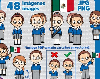 Mexican Kids honoring the Mexican Flag Clipart, Niños rindiendo Honores a la Bandera de México Set 217