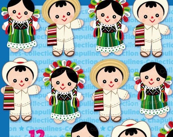 Mexican Maria rag dolls clipart, green, white and red Set 196