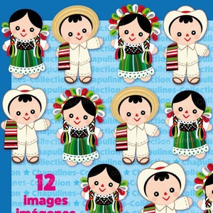 Clipart Muñecos Mexicanos de Trapo, Verde, Blanco y Rojo Set 196