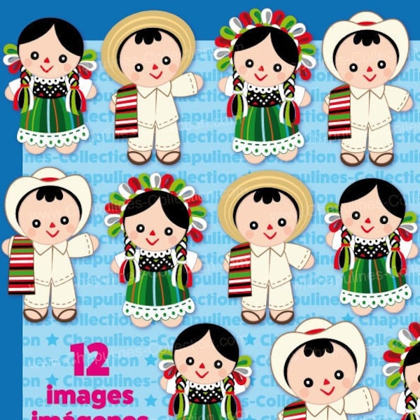 Mexican Maria rag dolls clipart, green, white and red Set 196