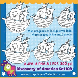 Clipart Columbus Ships Caravels La Niña, Pinta et Santa Maria, noir et blanc, caravelles illustrations, images de l’école Set 109