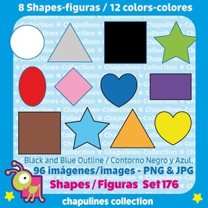 Puede incluir: Un conjunto de 8 formas diferentes en 12 colores. Las formas incluyen un círculo, un triángulo, un cuadrado, un diamante, un corazón, una estrella y un rectángulo. El texto "8 Shapes-figuras / 12 colors-colores" está en la parte superior de la imagen. El texto "Black and Blue Outline / Contorno Negro y Azul." está en la parte inferior de la imagen. El texto "96 imágenes/images - PNG & JPG" está debajo del texto anterior. El texto "Shapes / Figuras Set 176" está debajo del texto anterior. El texto "chapulines collection" está en la parte inferior de la imagen.