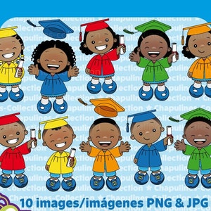 Laurea clipart, bambini illustrazioni, abito e berretto in 5 diversi colori, scuola clipart, illustrazioni asilo set 185