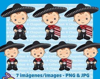 Clipart boys with charro suit, black and red, mexican suit boys illustrations mexican traditional costumes, Mexico clip art Set 175