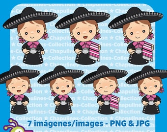 Clipart charras, gala mexican outfit girls illustrations, mexican girls images, pink bow tie, 5 de Mayo clipart Set 174