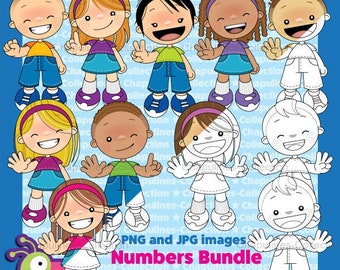 Kids counting numbers with fingers clipart bundle color and black and white Sets 042 and 078