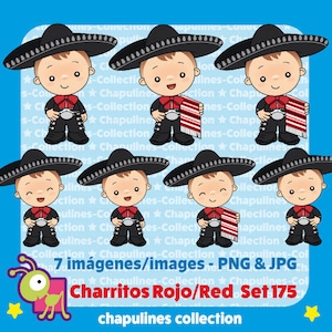 Clipart Boys met Charro Suit, zwart en rood, Mexicaanse Suit Boys illustraties Mexicaanse klederdracht, Mexico clip art set 175