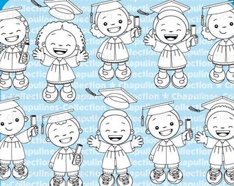 Graduation clip art, school clipart, school illustrations, kindergarten images, black and white, cap and gown images Set 186