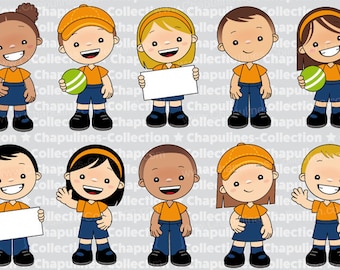 Kindergarten kids clipart, with orange and blue uniform, Set 208
