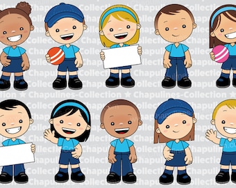 Kindergarten kids clipart, with blue uniform, Set 194