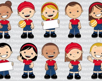 Kindergarten kids clipart, with red and blue uniform, Set 202