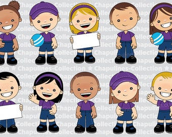 Kindergarten kids clipart, with purple and blue uniform, Set 205