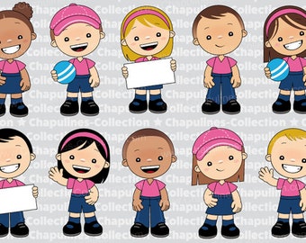 Kindergarten kids clipart, with pink and blue uniform, Set 209