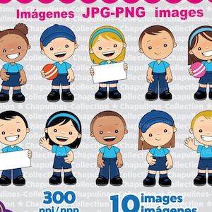 Clipart niños preescolar con uniforme azul, Set 194