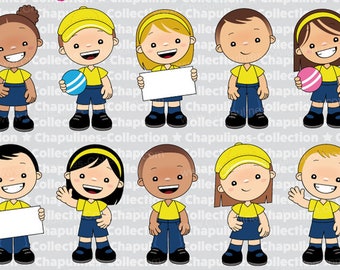 Kindergarten kids clipart, with yellow and blue uniform, Set 203