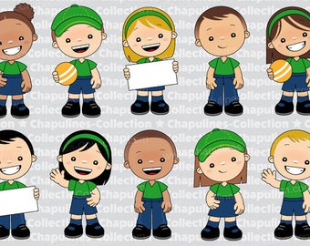 Clipart niños preescolar con uniforme azul y verde, Set 204