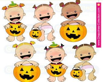 Baby Girls Pumpkin Clipart, halloween babies clip art, halloween babies illustrations, babies images 008