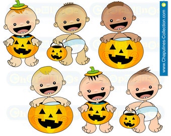 Clipart Bebés con Calabazas, halloween Clipart, ilustraciones día de brujas, ilustraciones bebés 007