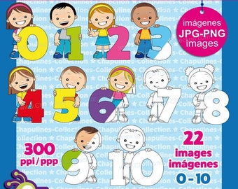 Numbers and kids Clipart Bundle, from 0 to 10, color and black/white, Set 192