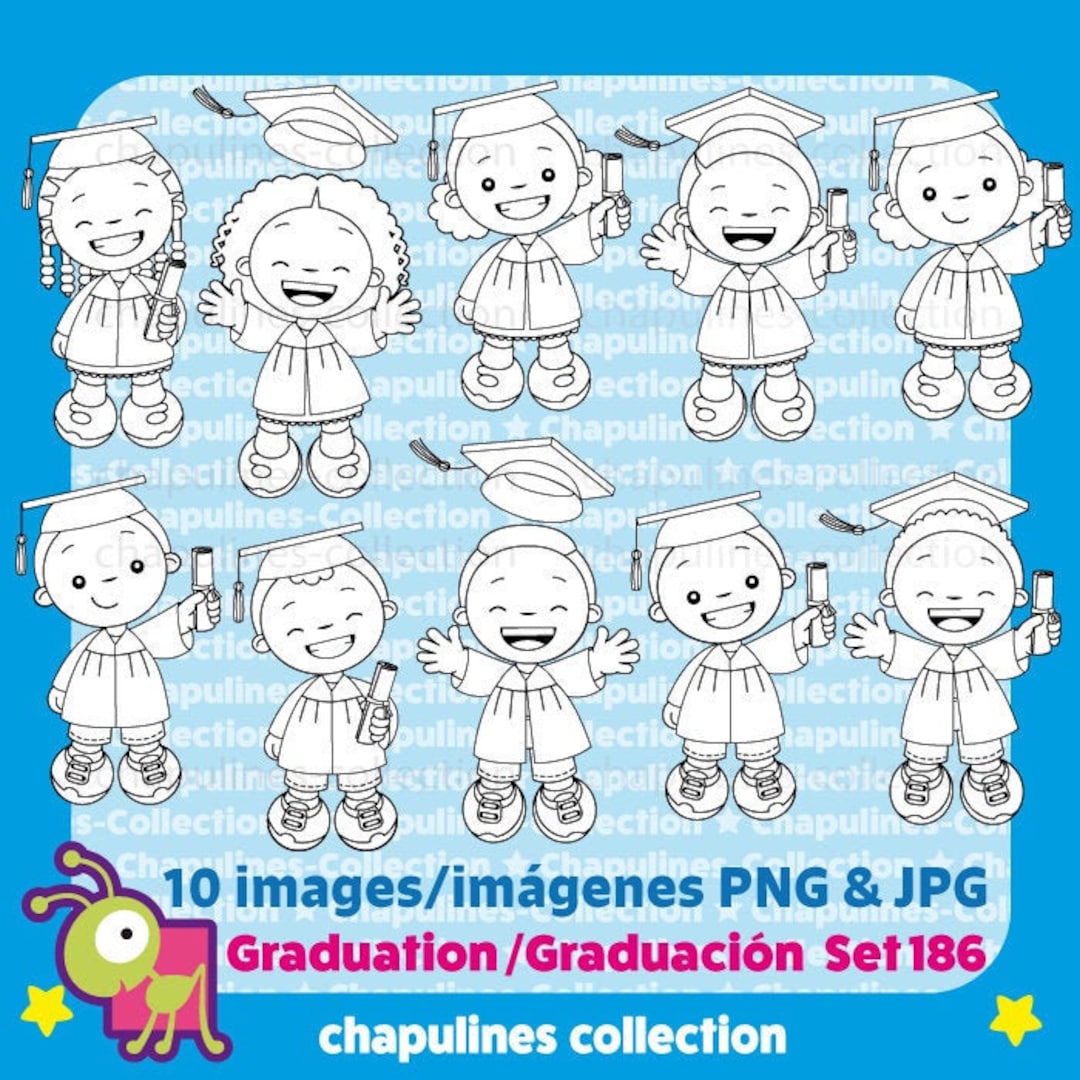 Clipart Graduación, ilustraciones niños graduación, blanco y negro