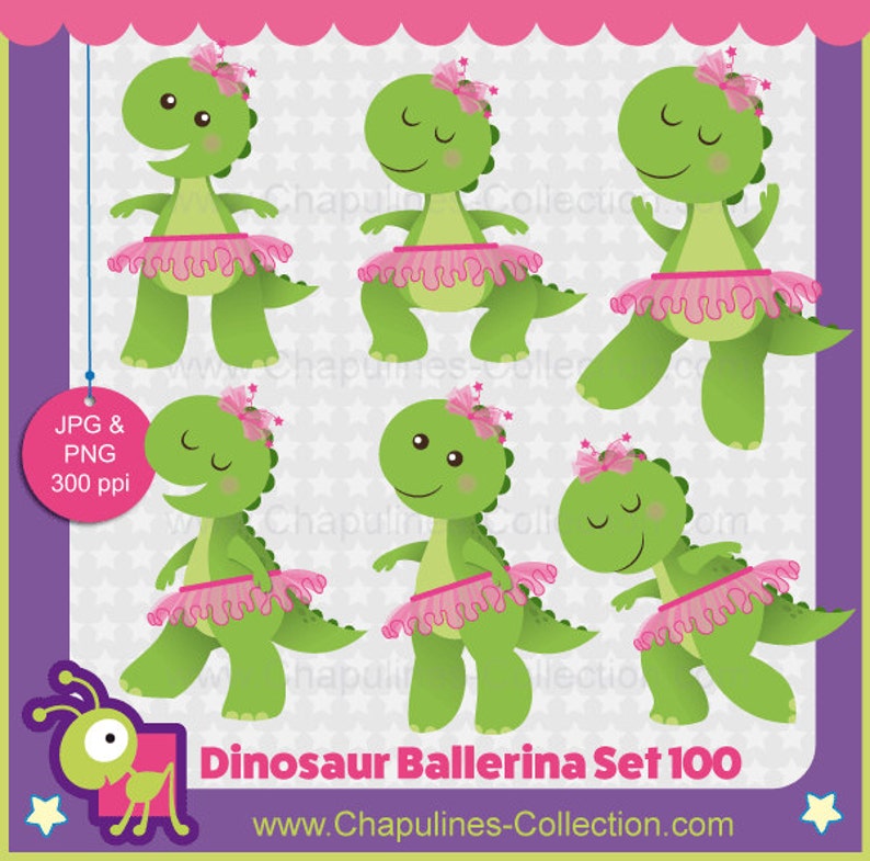 May include: Set of six digital illustrations of green dinosaurs dressed as ballerinas. Each dinosaur is wearing a pink tutu and has a pink bow in its hair. The dinosaurs are in various poses, including standing, dancing, and twirling. The background is a light gray with white stars.